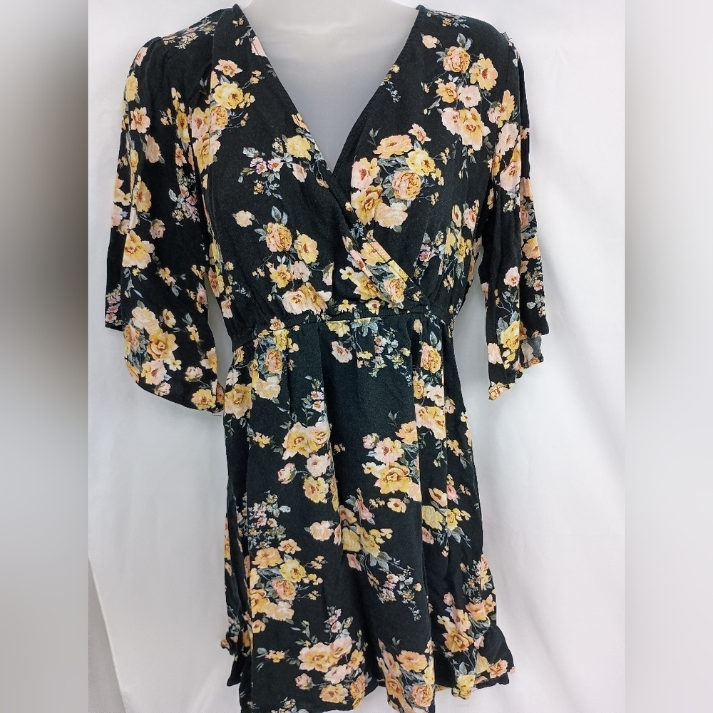 EXHILARATION Western‎ Yellow Black Barbiecore Y2K Floral Wrap Dress (#227)